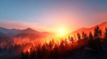 Spectacular sunset illuminates a burning forest, creating an awe-inspiring, fiery scene.