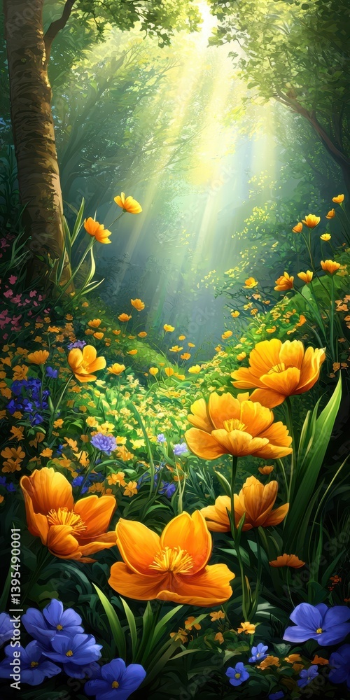 Poster a vibrant forest scene filled with colorful flowers, sunlight streaming through trees, creating a se