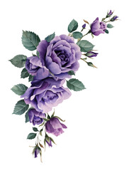 Vector watercolor flower border.Spring purple roses flower frame with leaves, Cards,invitations,decorative border wreath.Wedding, mother's day,valentine's day,Women's Day,friendly