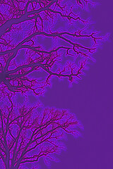 Abstract silhouette of tree branches with neon glow effect on deep purple sky.