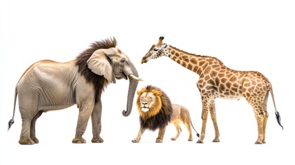 Fototapeta premium African elephant, lion, giraffe, safari, wildlife, white background, animal encounter, zoo illustration
