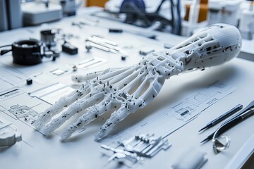 Close-up of bionic prosthetic limb components and biomedical tools on clean table in medical engineering environment