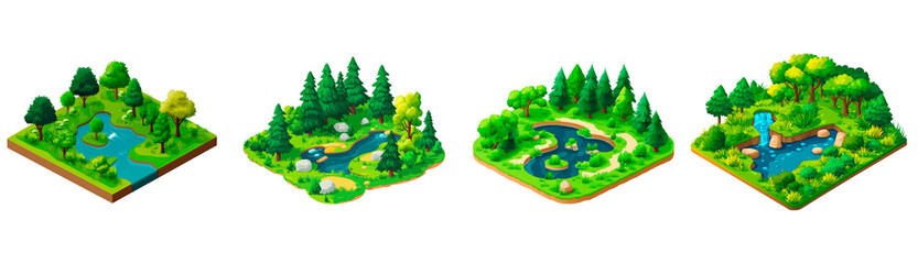 Set of isometric forest with river isolated on transparent background