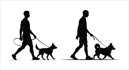Silhouette of dog and man walking together vector art