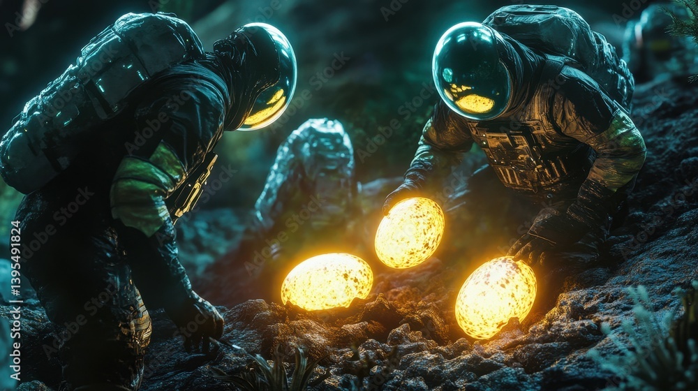 Poster astronauts discover glowing objects on an alien planet exploration scene