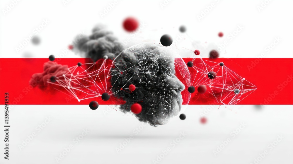 Poster a digital profile head floats over a red stripe with connecting spheres and cloud elements.