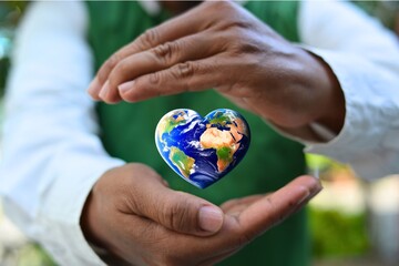 A man holds a heart-shaped globe in his hand and holds a stethoscope with Check globe on heart disease Haspital and World Health Day content and copy space