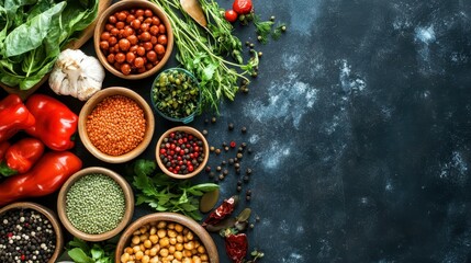 Various bowls of colorful ingredients are arranged on a dark surface