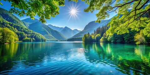 Serene mountain lake reflecting a brilliant sun, framed by lush green foliage