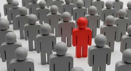 A group of grey figures with one red figure standing out from the crowd, symbolizing individuality, leadership, or being different.