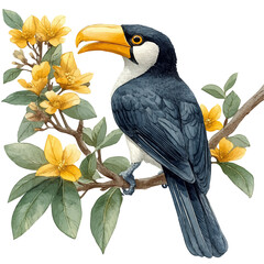 Helmeted hornbill, watercolor illustration, isolated on a white background.

