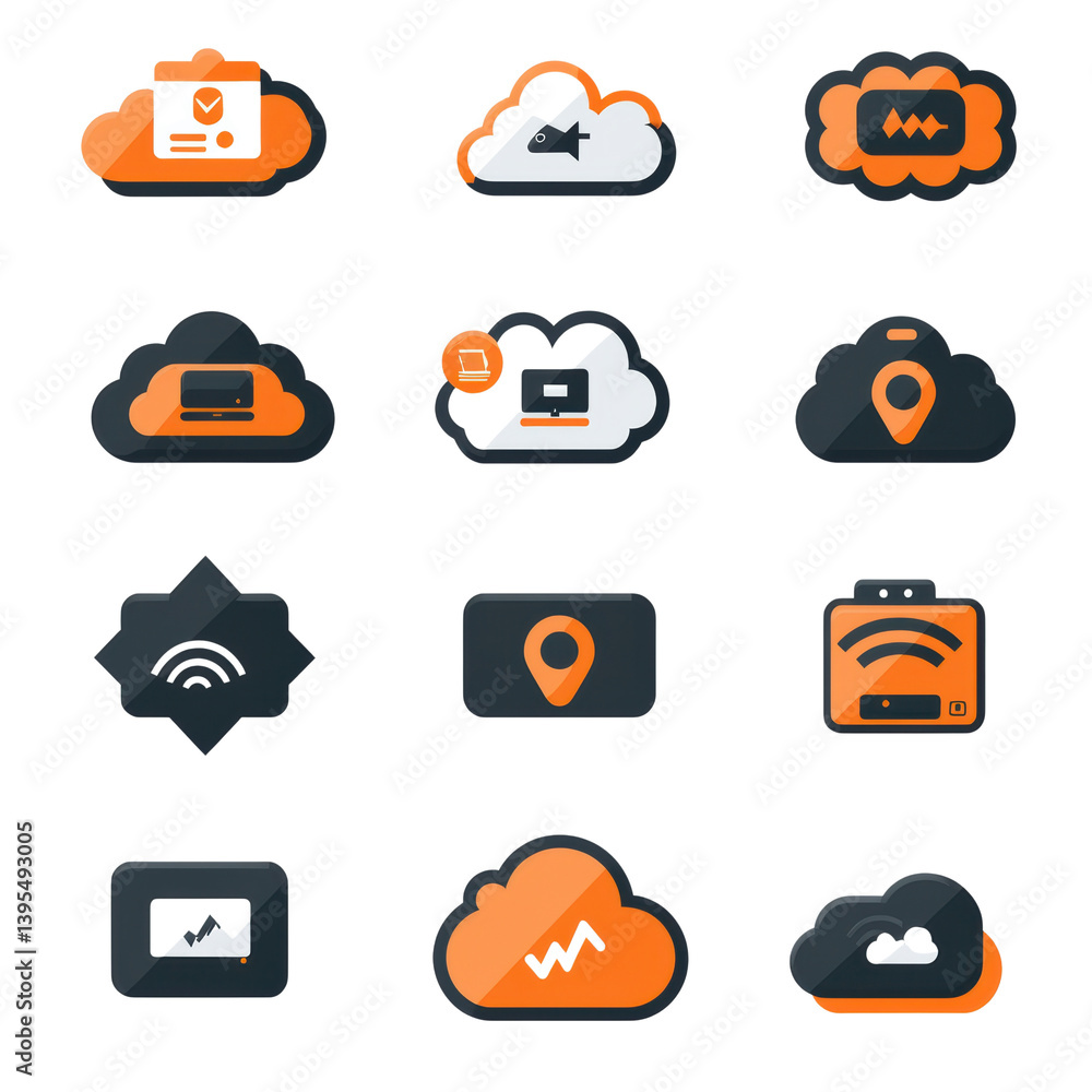Aufkleber infographics it security icon set concept. cloud based technology and network services