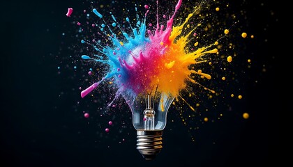 Creative Explosion Lightbulb with Colorful Paint Splash on Dark Background