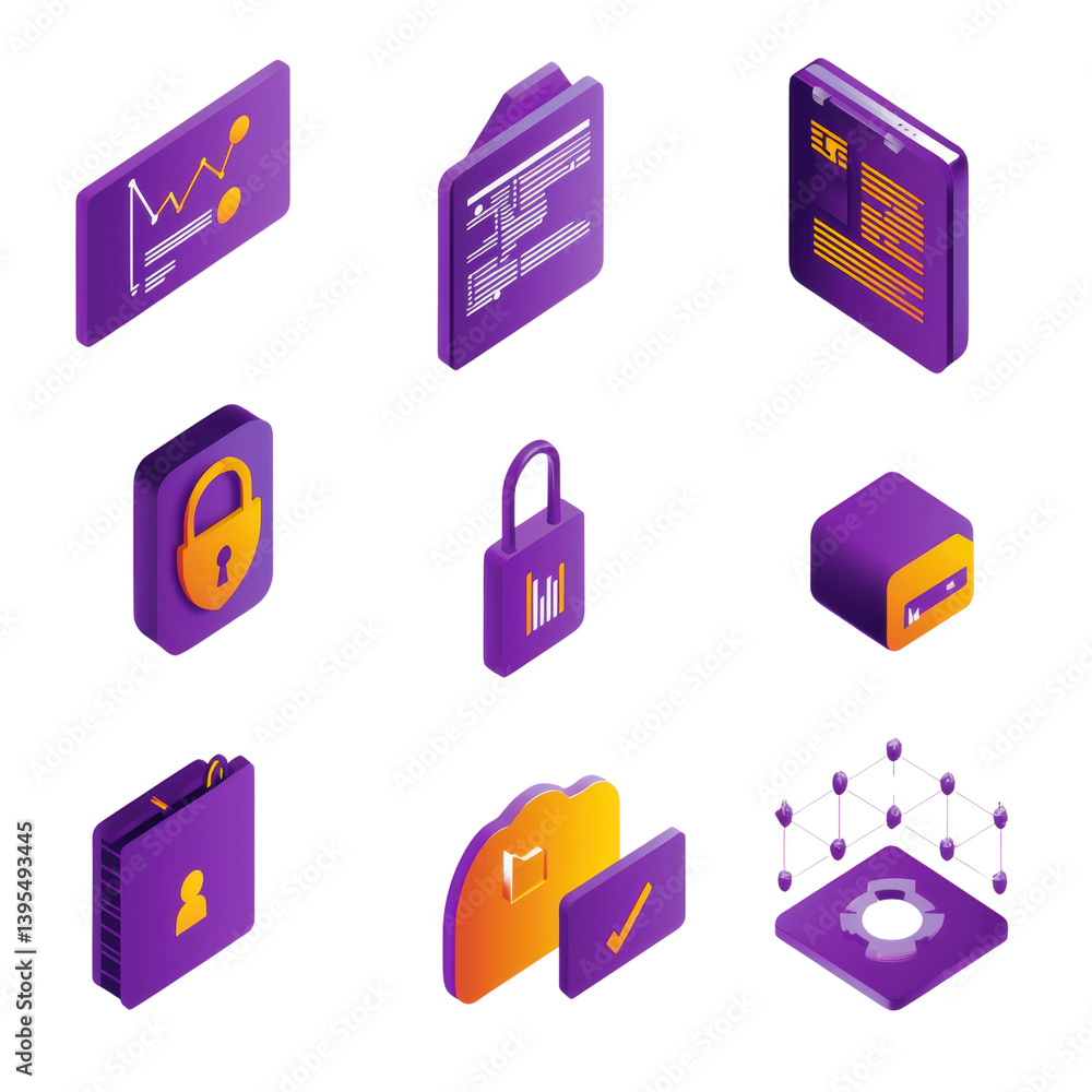 Poster infographics it security icon set concept. isometric icons representing data security and digital pr