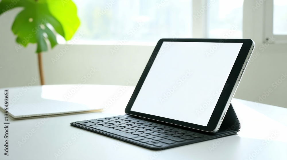 Poster a tablet computer with a connected keyboard sits on a white desk in bright sunlight.