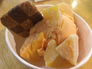 a bowl of Rum raisin  ice cream scoop with freeze mango, cookie