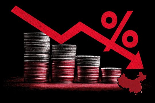 This striking financial decline illustration features four stacks of coins arranged from tallest to shortest, symbolizing a gradual decrease in value or wealth. A bold red downward-sloping arrow cuts