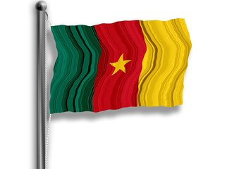 Cameroon flag flying on a flagpole, isolated, transparent background.
