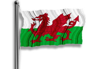 Wales flag flying on a flagpole, isolated, transparent background.
