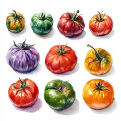 Variety of Colorful Heirloom Tomatoes on White Background Watercolor Style
