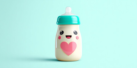 Obraz premium Cream-colored baby bottle with teal cap and pink heart, smiling cartoon face, against light-blue background, symbolizing childhood, care, and love, ideal for baby product advertisements