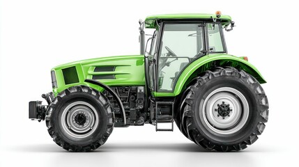 A side view of a new green tractor on a white backdrop, ideal for agricultural use.