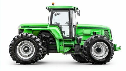 This vibrant green tractor, with its massive wheels, stands ready for agricultural tasks in the fields.