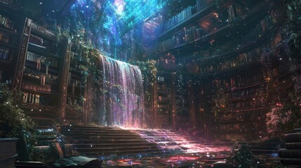 Obraz premium Waterfall flows through a fantasy city with glowing light and lush vegetation.