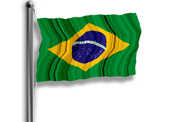 Brazilian flag flying on a flagpole, isolated, transparent background.