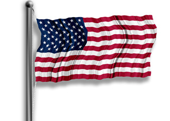 US flag flying on a flagpole, isolated, transparent background.