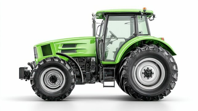 Fototapeta A side view of a new green tractor on a white backdrop, ideal for agricultural use.