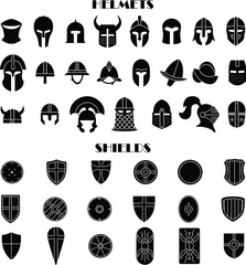 Big set of icons of medieval armor, helmets and shield