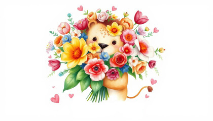 ⁨Professional watercolour, Cute lion holding a beautiful and lush bouquet of flowers, the bouquet is bigger than the lion, cute and kind sentiment, hearts around, on a white background