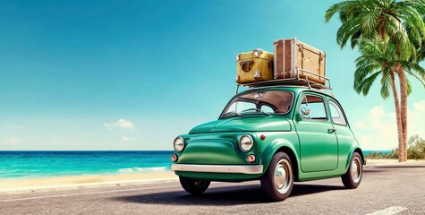 A vintage green car, packed for a beach trip, driving along a sunny coastal road.