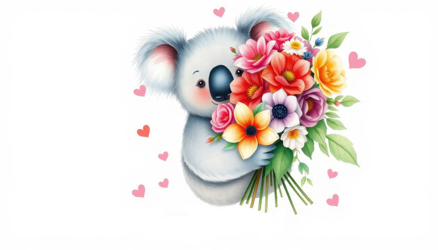 ⁨Professional watercolour, Cute koala holding a beautiful and lush bouquet of flowers, the bouquet is bigger than the koala, cute and kind sentiment, hearts around, on a white background
