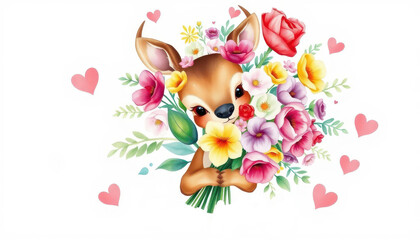 ⁨Professional watercolour, Cute roe holding a beautiful and lush bouquet of flowers, the bouquet is bigger than the roe cute and kind sentiment, hearts around, on a white background