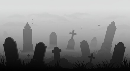 Spooky graveyard scene shrouded in fog with tilted tombstones and distant bats