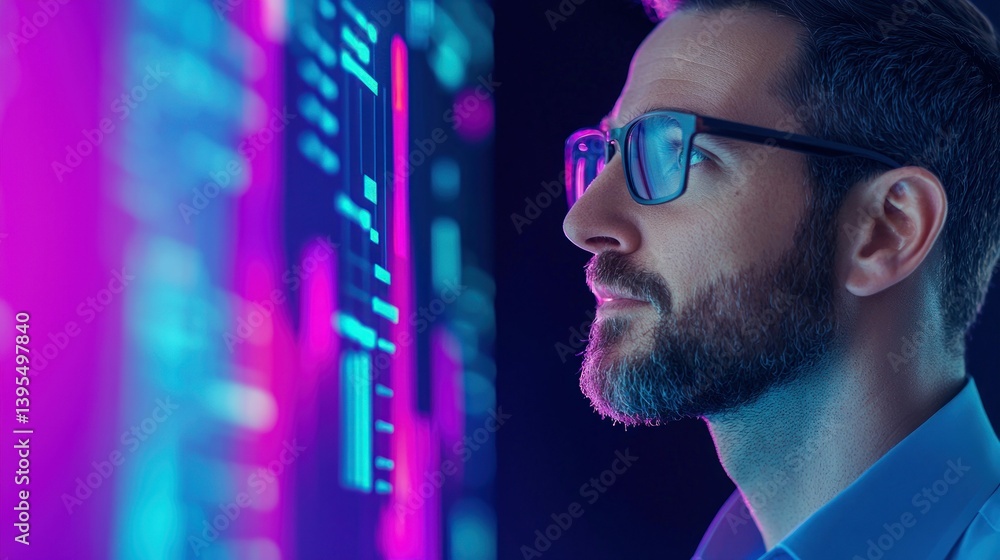 Aufkleber a man intently studies a glowing digital display with data, immersed in the technology.