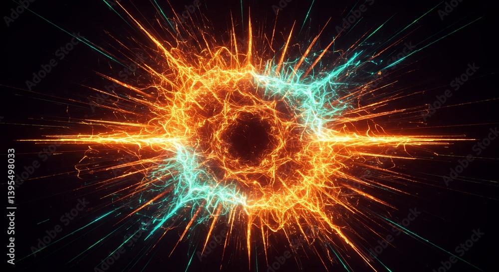 Poster energetic abstract burst of light with orange and blue sparks emanating outwards creating a dynamic 
