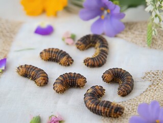 Naklejka premium Gourmet Cuisine Featuring Mopane Worms Elegant Table Setting Food Photography Home Dining Close-Up Cultural Delicacy