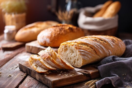 Freshly baked bread loaves artisan bakery food photography rustic kitchen close-up view culinary delight