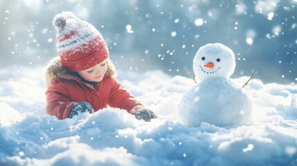 A child plays with a snowman in a beautiful snowy landscape