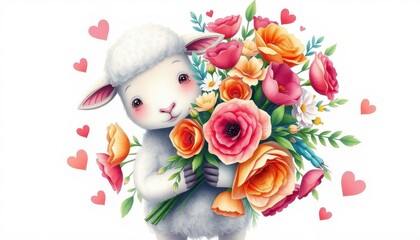 Fototapeta premium Professional watercolour, Cute sheep holding a beautiful and lush bouquet of flowers, the bouquet is bigger than the sheep cute and kind sentiment, hearts around, on a white background