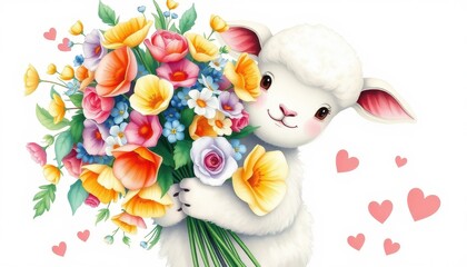 Professional watercolour, Cute sheep holding a beautiful and lush bouquet of flowers, the bouquet is bigger than the sheep cute and kind sentiment, hearts around, on a white background