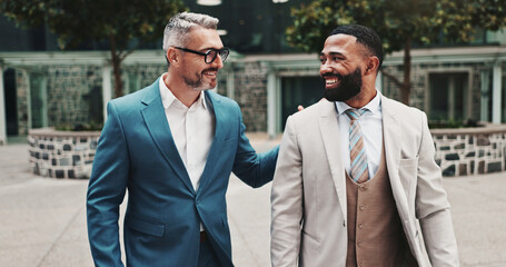 Conversation, business people and men in city, smile and teamwork with support. Outdoor, mentor and...