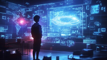 Obraz premium Child looks at a bright screen with complex futuristic data and visualizations.