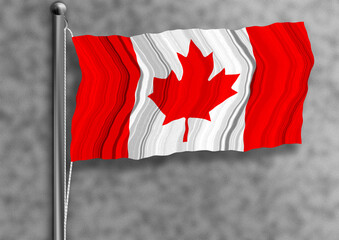 Canadian flag flying on a flagpole, isolated, textured wall in the background.