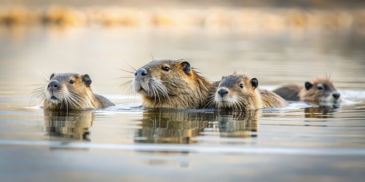 Minimalist Nutria Family Swimming in Calm Water, Oregon State Mammal