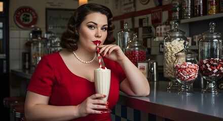 Vintage glamour: A woman sips a milkshake at a diner counter, embodying retro style with her red dress, pearls, and classic hairstyle.