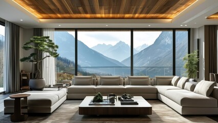 A modern living room boasts a stunning mountain view and elegant design.
